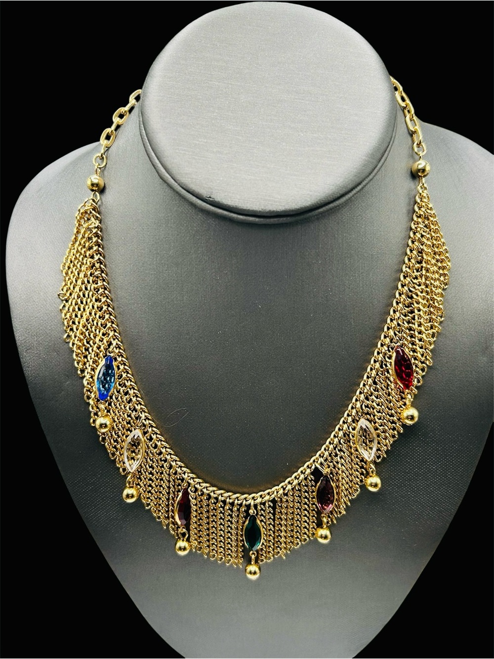 Vintage  Chain Fringe Necklace Navette Rhinestone Multi Color Adjustable Hook